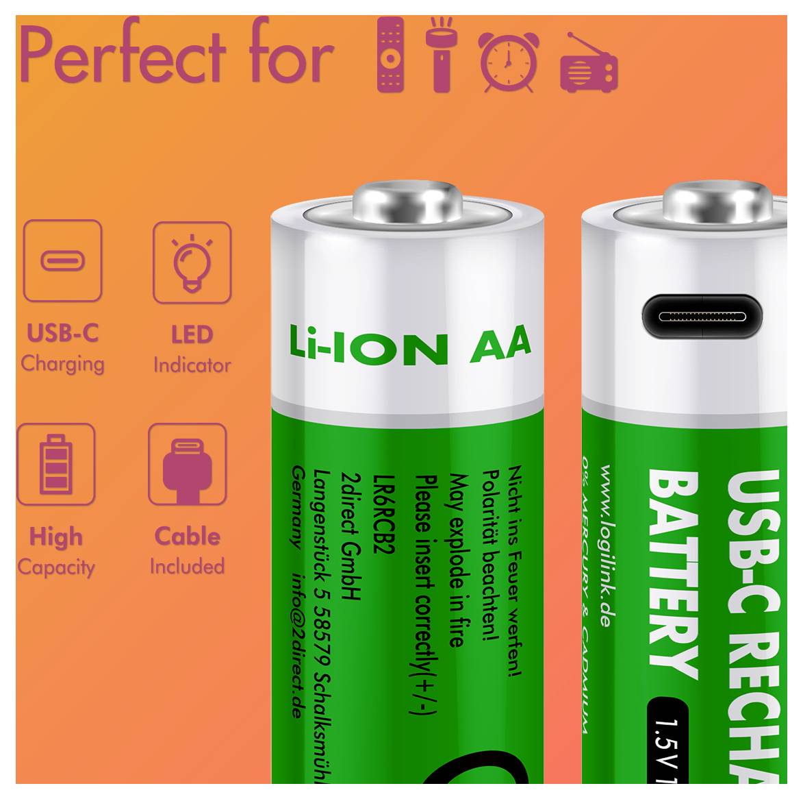 AA/R06 Акумулятор LogiLink LR6RCB2 LR6RCB2, Li-Ion, 1850 мАг, 1,5 В, 2 шт.