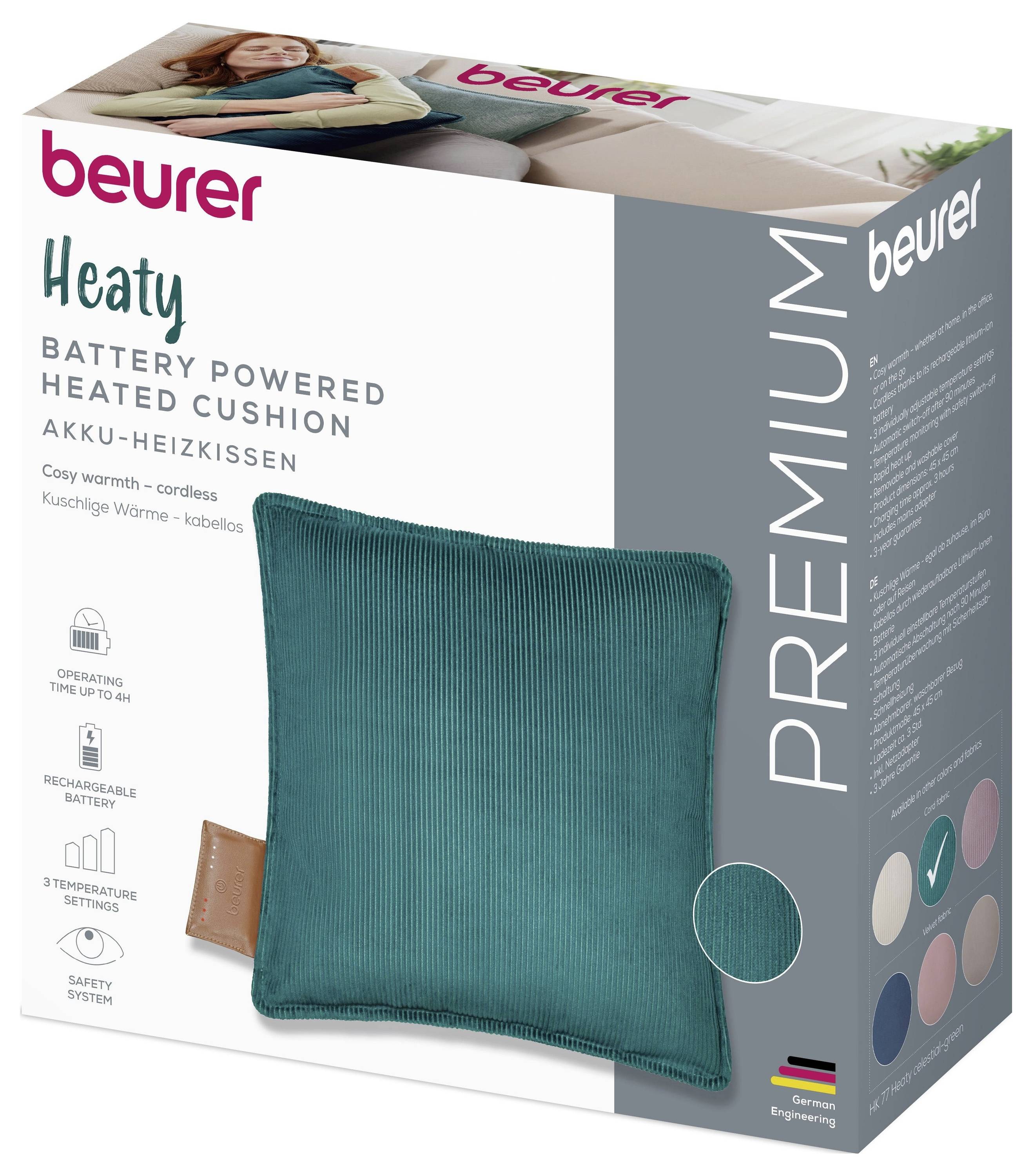 Opakowanie poduszki grzejącej „Beurer Heaty" bezprzewodowej zasilanej baterią. Cechy: czas pracy do 4 godzin, bateria akumulatorowa, 3 ustawienia temperatury.