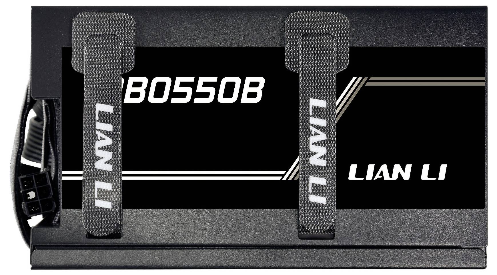 Zasilacz Lian Li w kolorze czarnym z białym brandingiem "B0550B" i paskami "Lian Li".