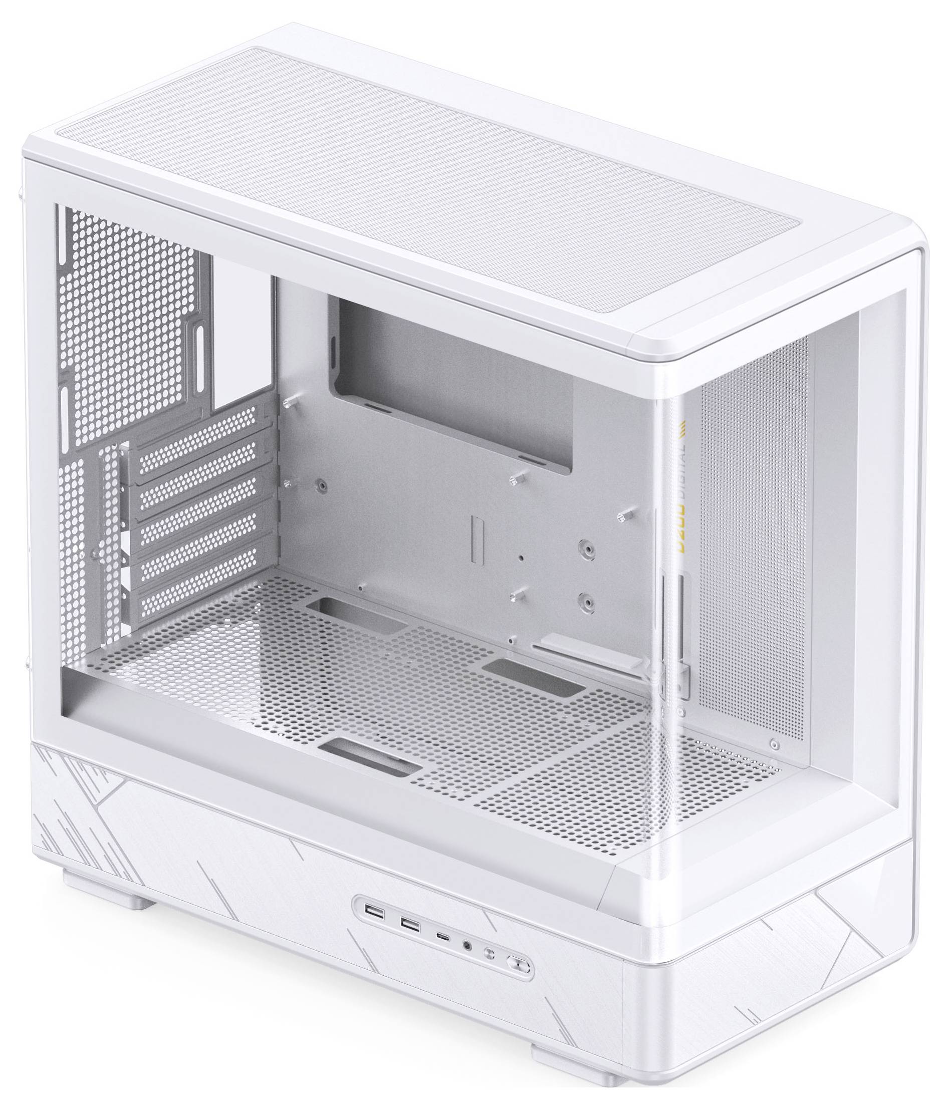 Białej obudowy komputerowej z przezroczystymi panelami bocznymi, pokazującej wiele gniazd na komponenty i siatkę na górze zapewniającą wentylację.