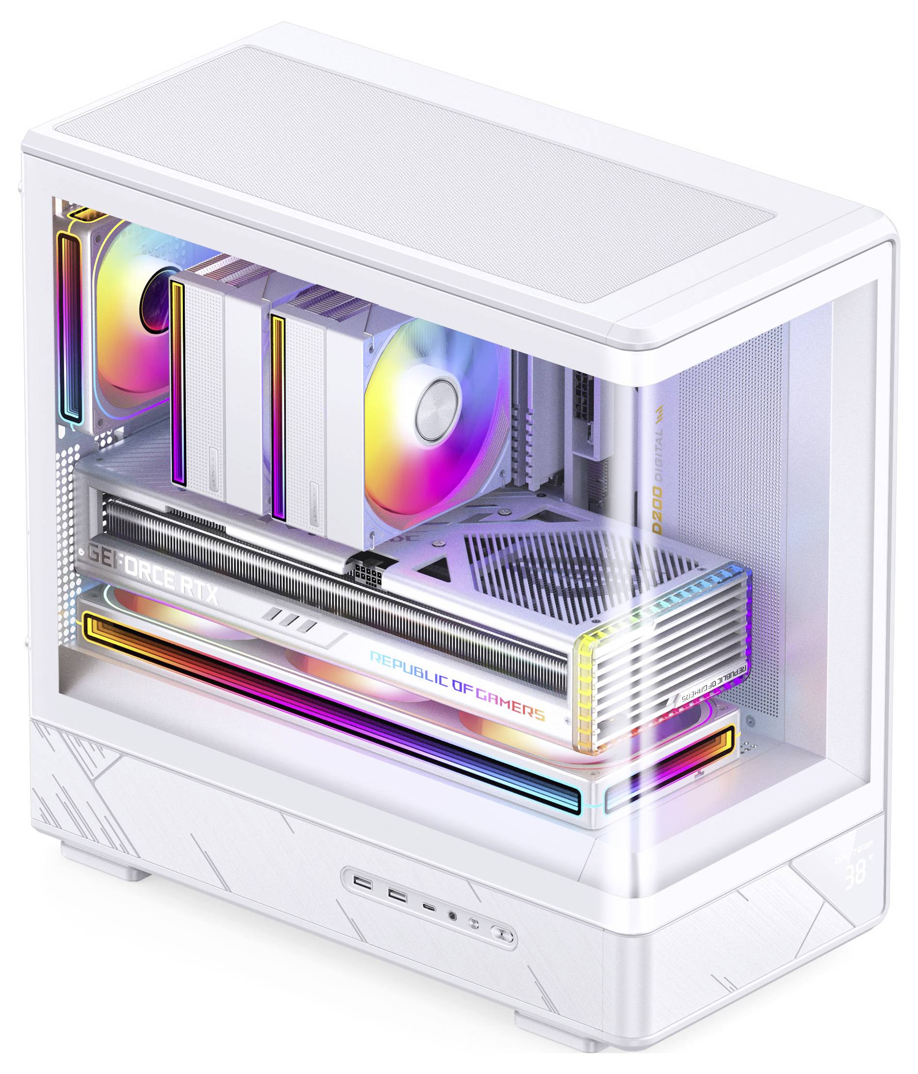 Elegancka, biała, kompaktowa obudowa komputerowa z oświetleniem RGB i widocznymi komponentami, w tym wentylatorami chłodzącymi, pamięcią RAM i kartą graficzną.