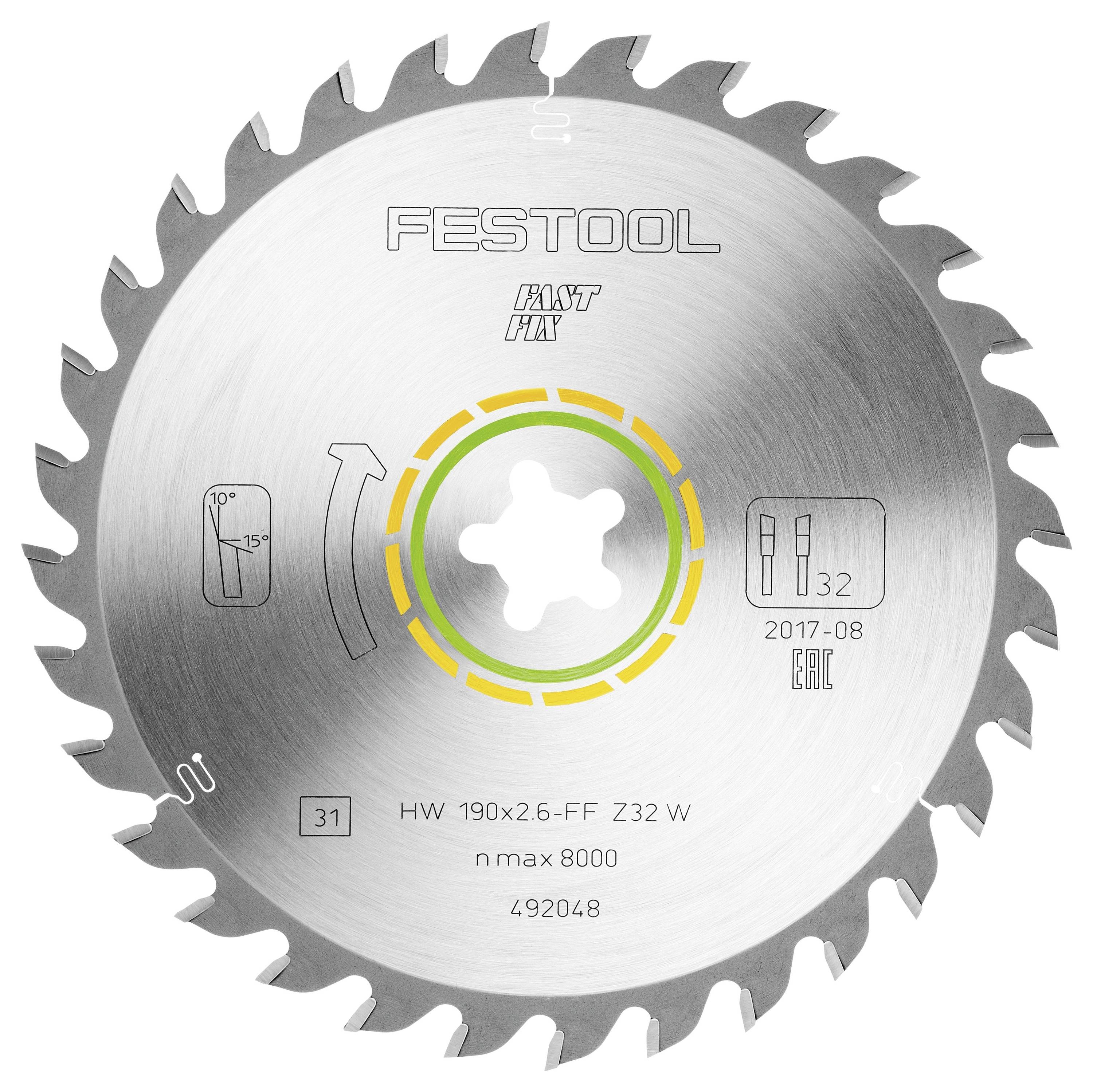 Okrągła tarcza piły Festool z 32 zębami, przeznaczona do precyzyjnego cięcia, model HW 190x2.6-FF Z32 W, maks. 8000 obr./min.