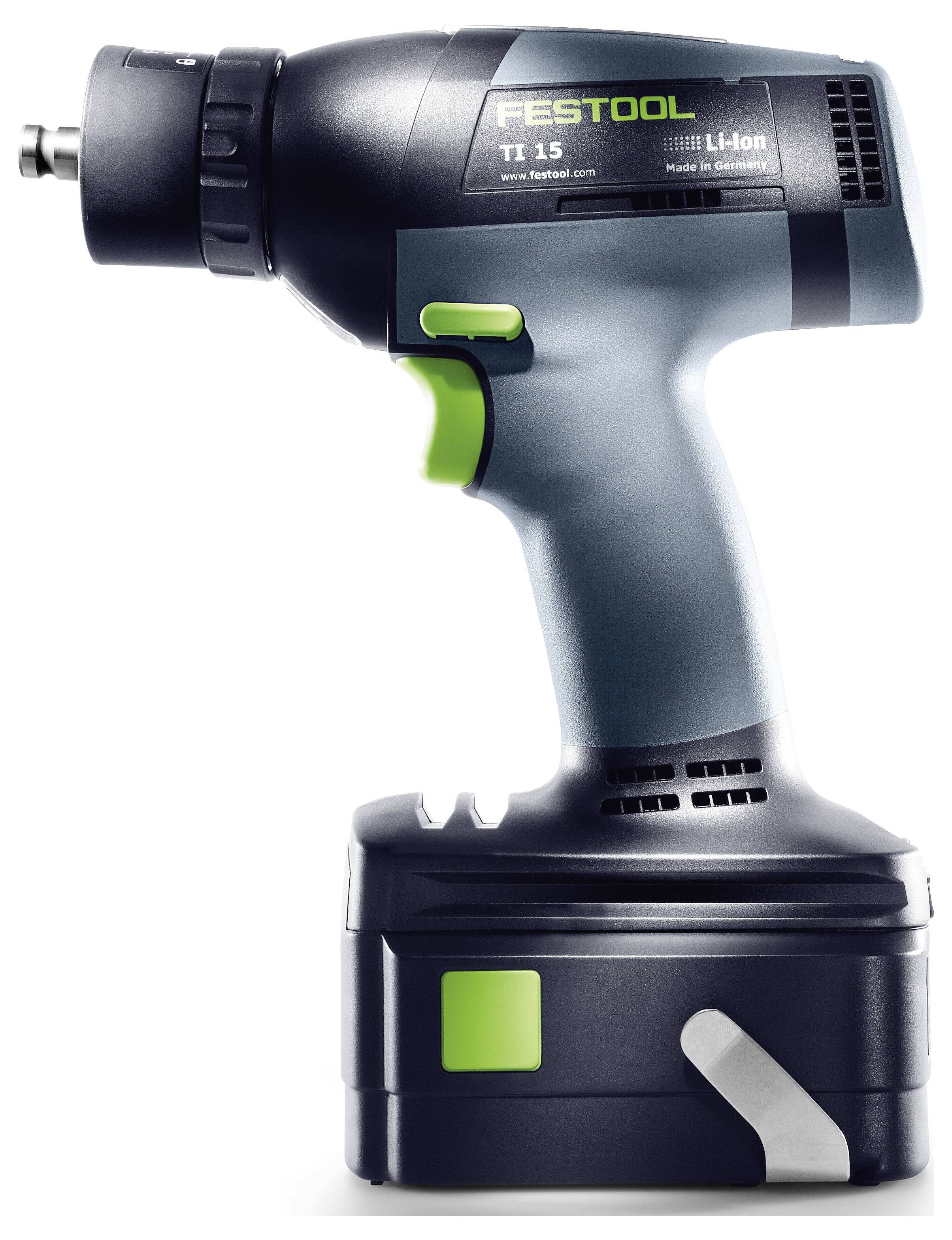 Wiertarka bez przewodu w widoku z boku, z etykietami "Festool Ti 15" i "Li-Ion" na boku, prezentująca elegancki design i solidny uchwyt.