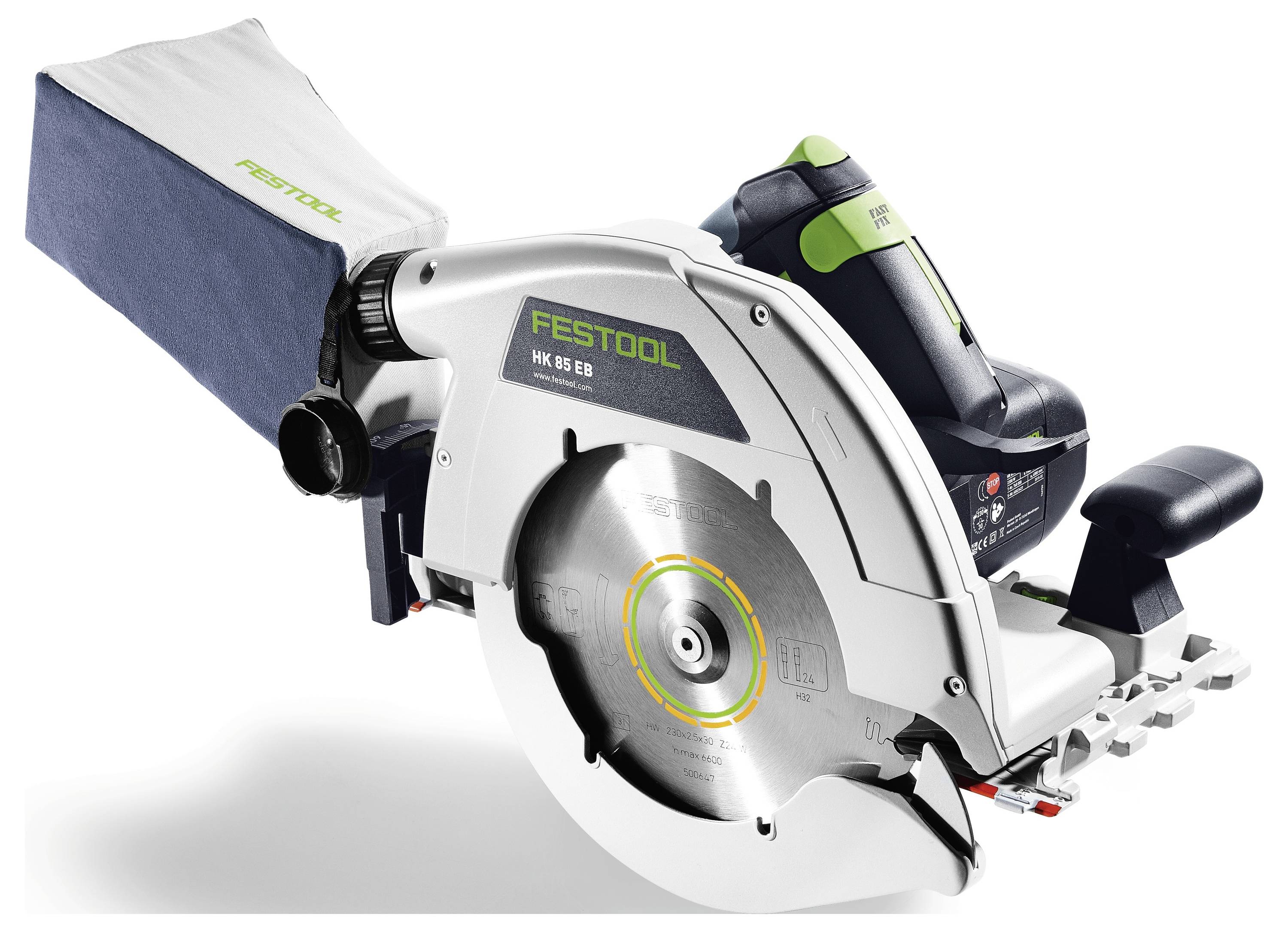 Piła okrągła Festool HK 85 EB z workiem do ekstrakcji pyłu i ergonomicznym uchwytem, przeznaczona do precyzyjnych prac stolarskich i cieśielskich.