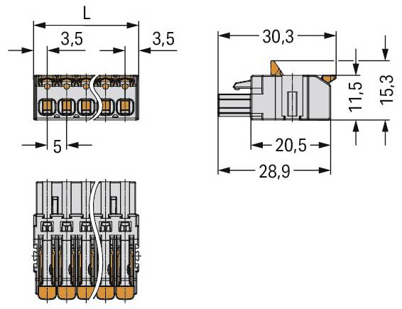 'Diagram techniczny złącza elektrycznego, pokazujący wymiary: długość 28,9 mm, szerokość 30,3 mm, wysokość 15,3 mm, z odstępami 3,5 mm.'