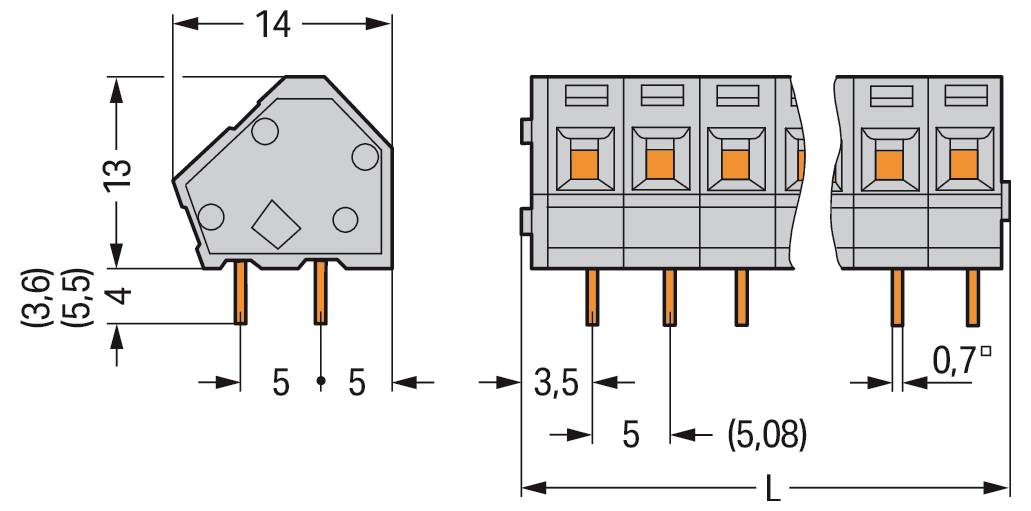 Techniczny diagram czterozaciskowego złącza z wymiarami. Lewa strona pokazuje widok z boku o wysokości 13 mm, a poszczególne zaciski są oddalone od siebie o 5 mm.