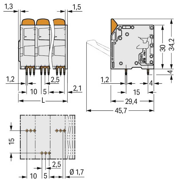 Diagram techniczny bloku złączy; widoki z przodu, z boku i z góry ze szczegółowymi wymiarami: L, A, 14, 13, 8.4, 10.3, 3.5, 1.75, 1.1.