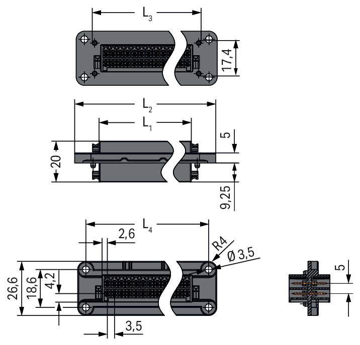 Diagram techniczny prostokątnego złącza elektrycznego z wymiarami opisanymi etykietami: długość (L1-L3), szerokość, głębokość i rozmiar otworu.