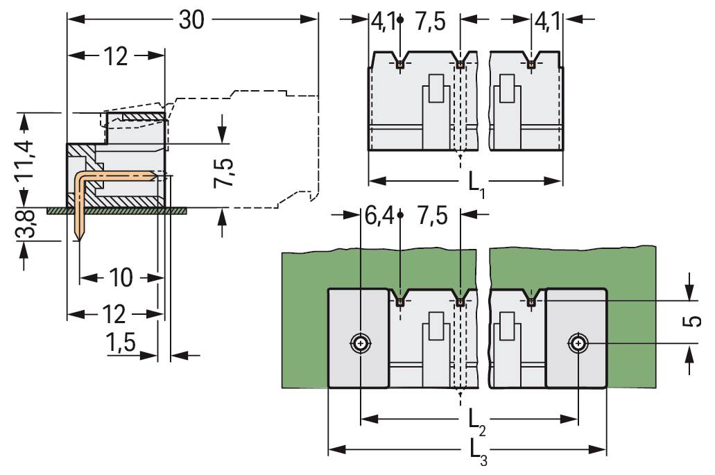 Diagram techniczny komponentu elektrycznego ze szczegółowymi wymiarami w milimetrach, ilustrujący wymiary i pozycjonowanie przewodów.