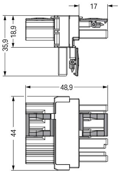 Rysunek techniczny elementu mechanicznego z wymiarami: 35,9 x 18,9 mm i 48,9 x 44 mm. Przedstawia widok z przodu i z boku.