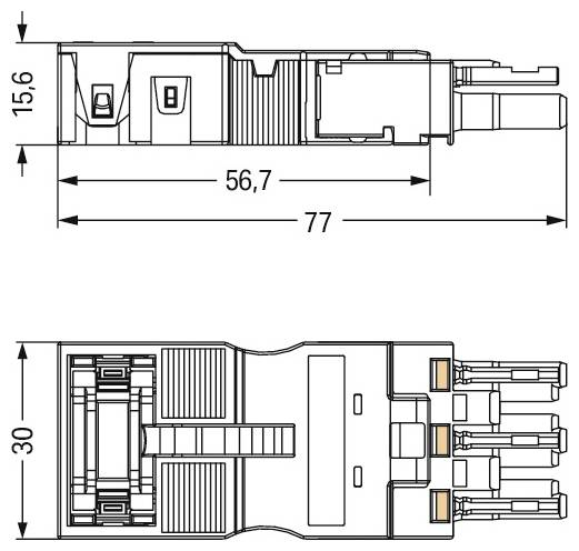 'Diagram techniczny komponentu elektrycznego z wymiarami: wysokość 15,6 mm, długość środkowa 56,7 mm, całkowita długość 77 mm, szerokość 30 mm.'
