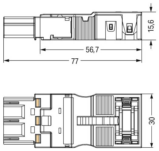 Złącznik elektryczny 'Wago 832' z białym i pomarańczowym designem. Zawiera mechanizm dźwigni i jest używany do połączeń przewodów.