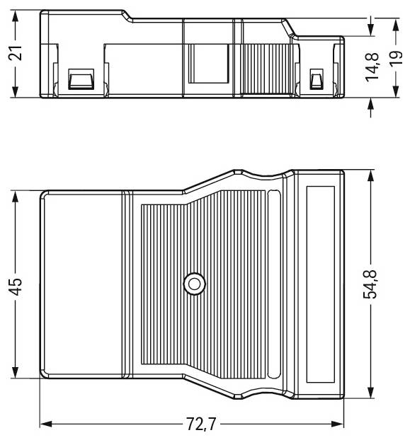 Rysunek techniczny pokazujący dwa widoki części mechanicznej z wymiarami: widok z góry mierzy 21x14,8x19 oraz widok z boku 72,7x45x54,8.