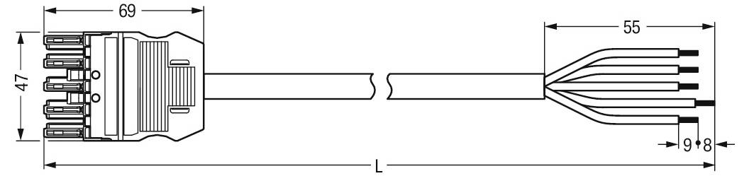 Diagram techniczny przewodu złączającego z wymiarami. Wtyczka ma wymiary 47 na 69 jednostek, a przewody rozciągają się na 55 i 9,8 jednostek.