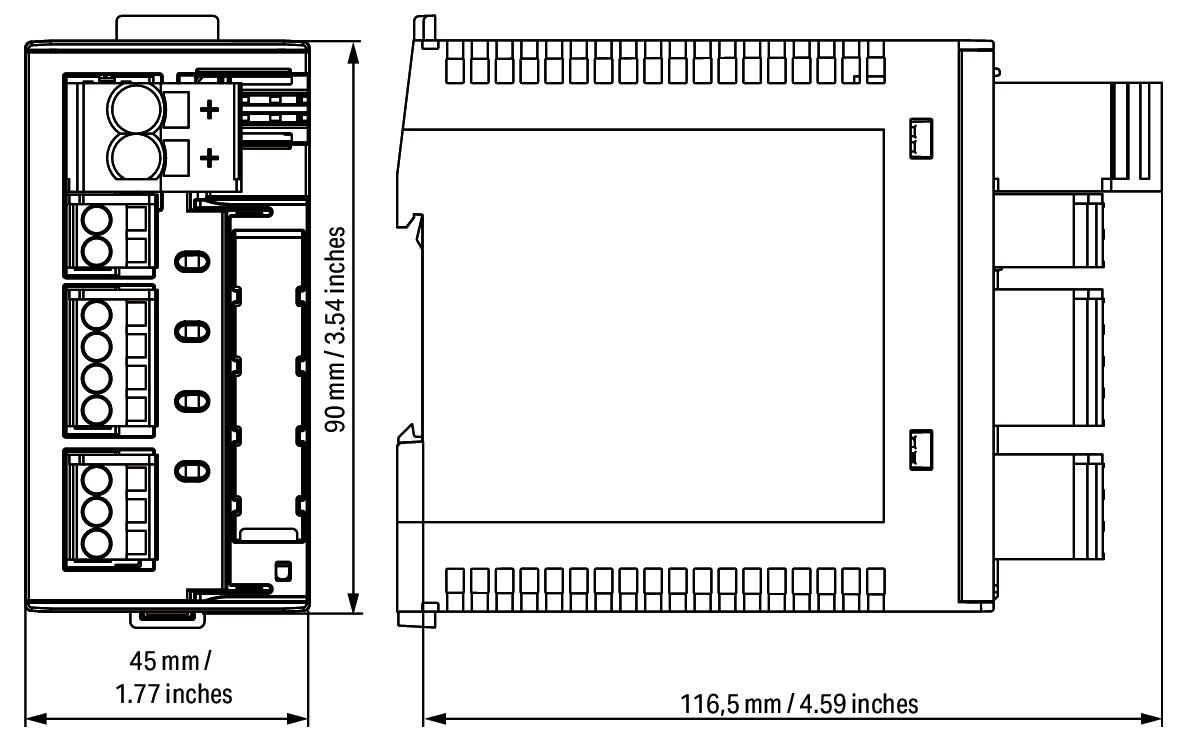 Diagram techniczny urządzenia elektrycznego pokazujący wymiary: 90 mm/3,54 cala wysokości, 116,5 mm/4,59 cala szerokości, 45 mm/1,77 cala głębokości.