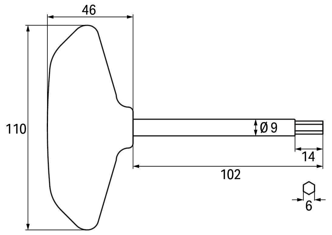 Rysunek techniczny klucza T-kształtnego pokazujący wymiary: szerokość 46 mm, wysokość 110 mm, długość 102 mm, średnica wału 9 mm oraz wymiary 14 mm i 6 mm na końcach.