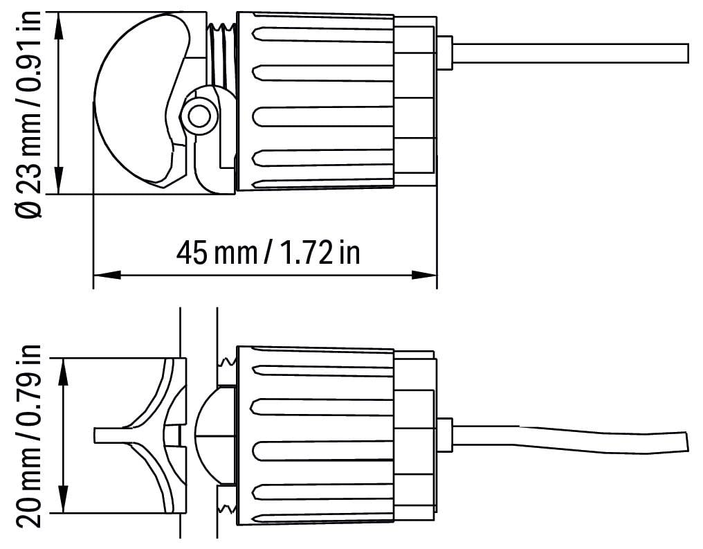 Rysunek techniczny komponentu mechanicznego z wymiarami: długość 45 mm, średnica 23 mm i dodatkowa wysokość 20 mm.