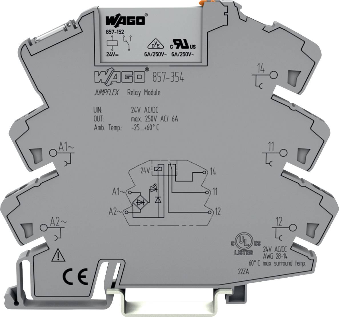 Moduł przekaźnika 'Wago 857-354' ze specyfikacją: 24V AC/DC, zdolność 6A, zakres temperatury roboczej -25 do 60°C, maksymalna temperatura otoczenia 60°C.