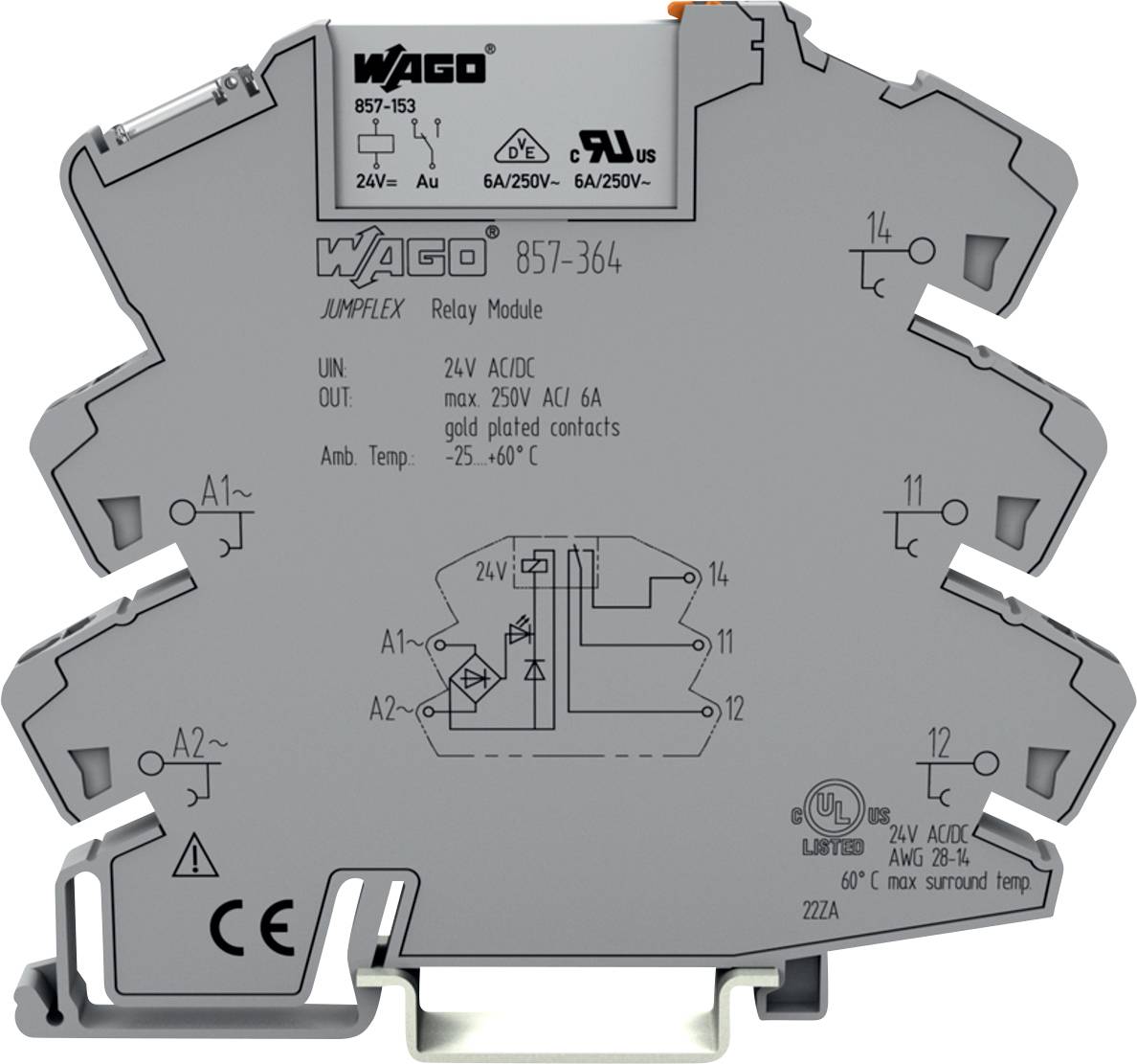 Szary moduł przekaźnika oznaczony „WAGO 857-364" ze specyfikacją na 24V AC/DC, 250V AC/6A, kontakty pozłacane i zakres temperatur od -25 do +60°C.