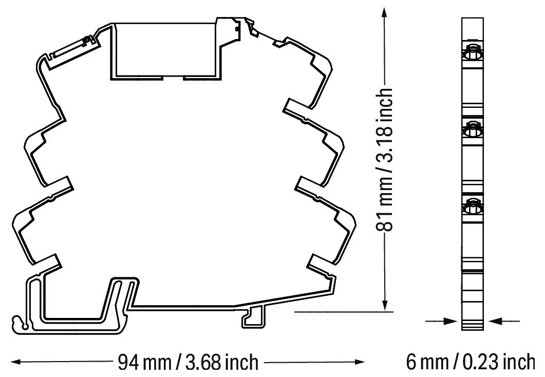 Rysunek techniczny przekroju poprzecznego i widoku bocznego obiektu z wymiarami: 94 mm (3,68 cala) szerokości, 81 mm (3,18 cala) wysokości, 6 mm (0,23 cala) grubości.