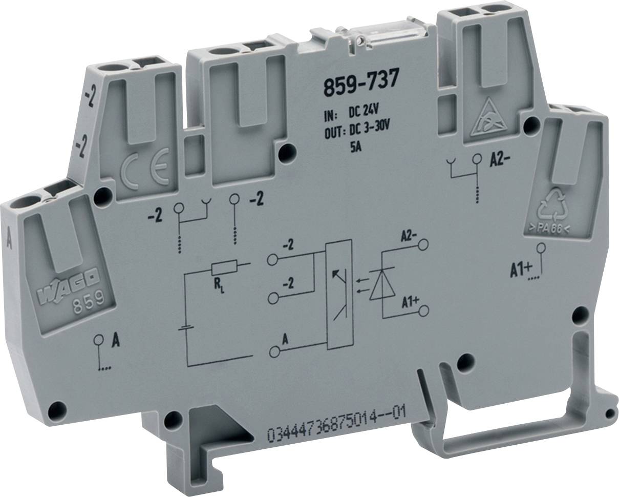 Szary przekaźnik z symbolami obwodu elektrycznego i specyfikacją. Model WAGO 859, wejście: DC 24V, wyjście: DC 3-30V, 5A.