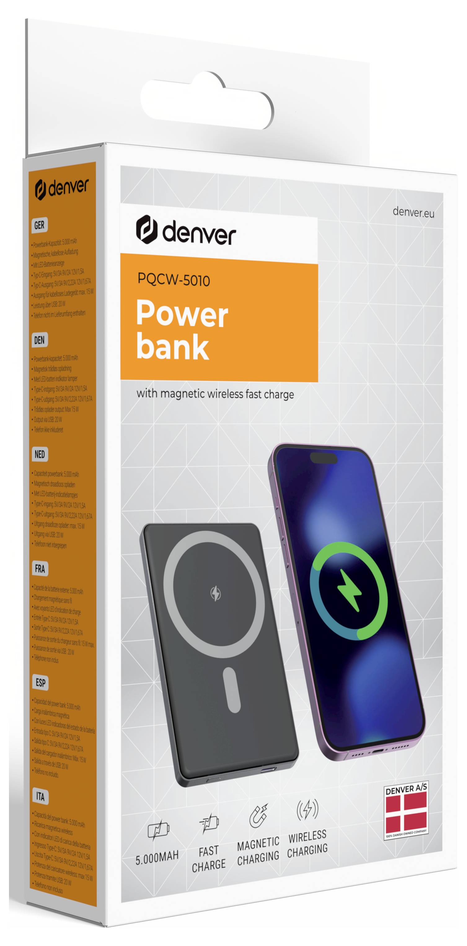 Бездротовий портативний акумулятор Denver PQCW-5010 із швидкою зарядкою 5000 мАг (літій-полімерний)