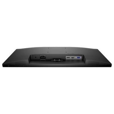 Widok tylny monitora komputerowego pokazujący porty do połączeń zasilania, VGA, USB i HDMI.