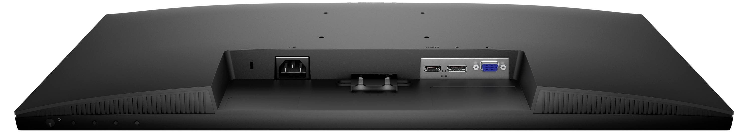 Widok tylny monitora pokazujący różne porty, w tym zasilanie, HDMI, DisplayPort i połączenia VGA.