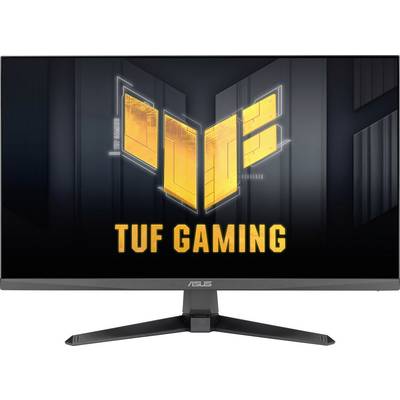 Monitor ASUS TUF Gaming o eleganckim designie, wyposażony w czarną ramkę i podstawę, pokazujący logo TUF Gaming ze świecącymi pomarańczowymi akcentami.