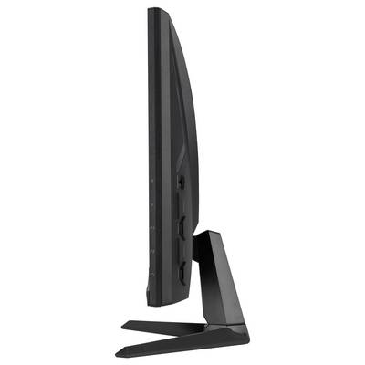 Monitor do gier z kolorowym, futurystycznym designem na ekranie, przedstawiającym logo ASUS ROG w neonowych kolorach otoczone wzorem kosmicznym.