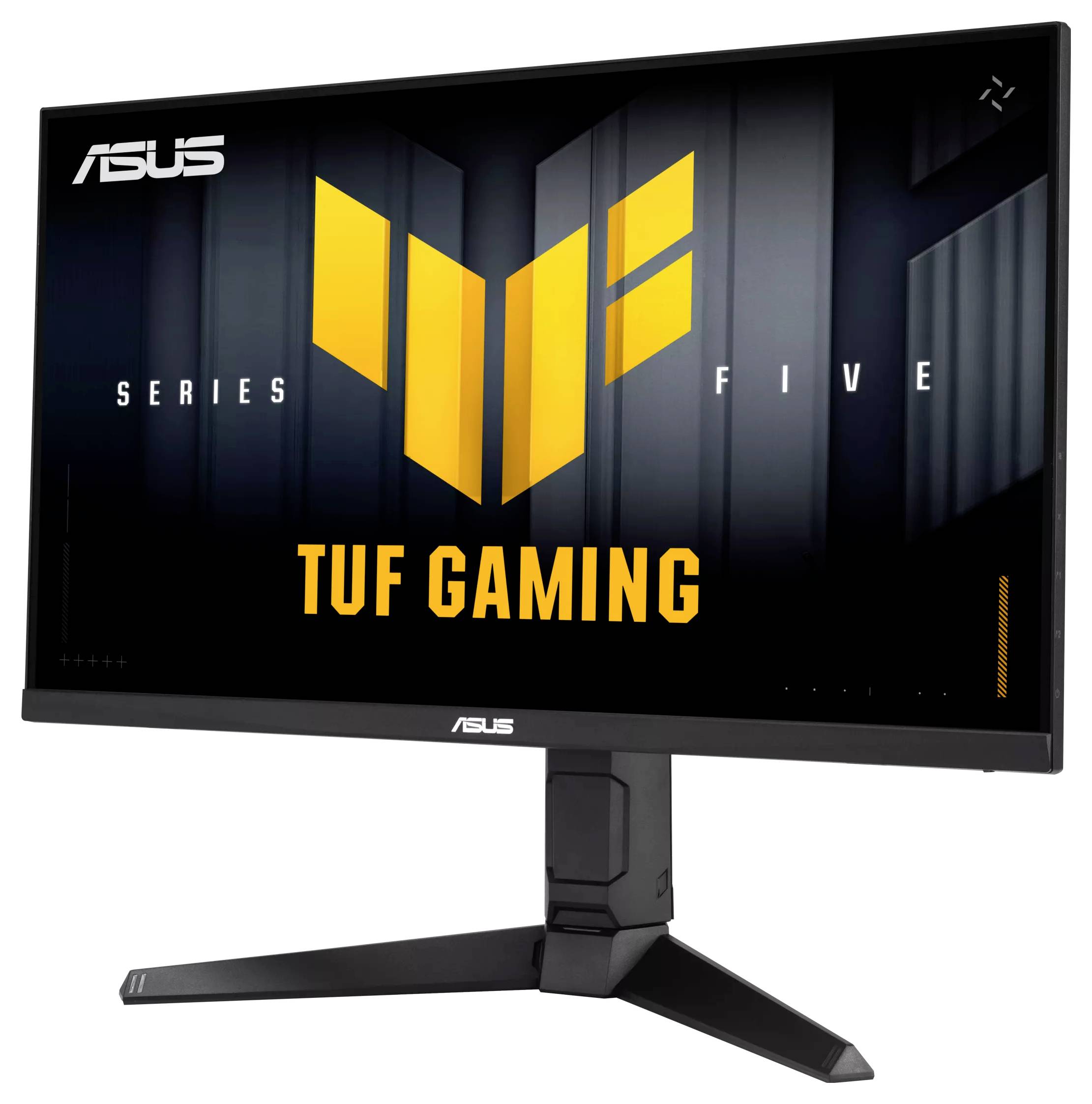 Monitor ASUS TUF Gaming prezentujący „Series Five" z odważnymi żółtymi grafikami na ekranie. Monitor ma elegancki design i solidny stojak.