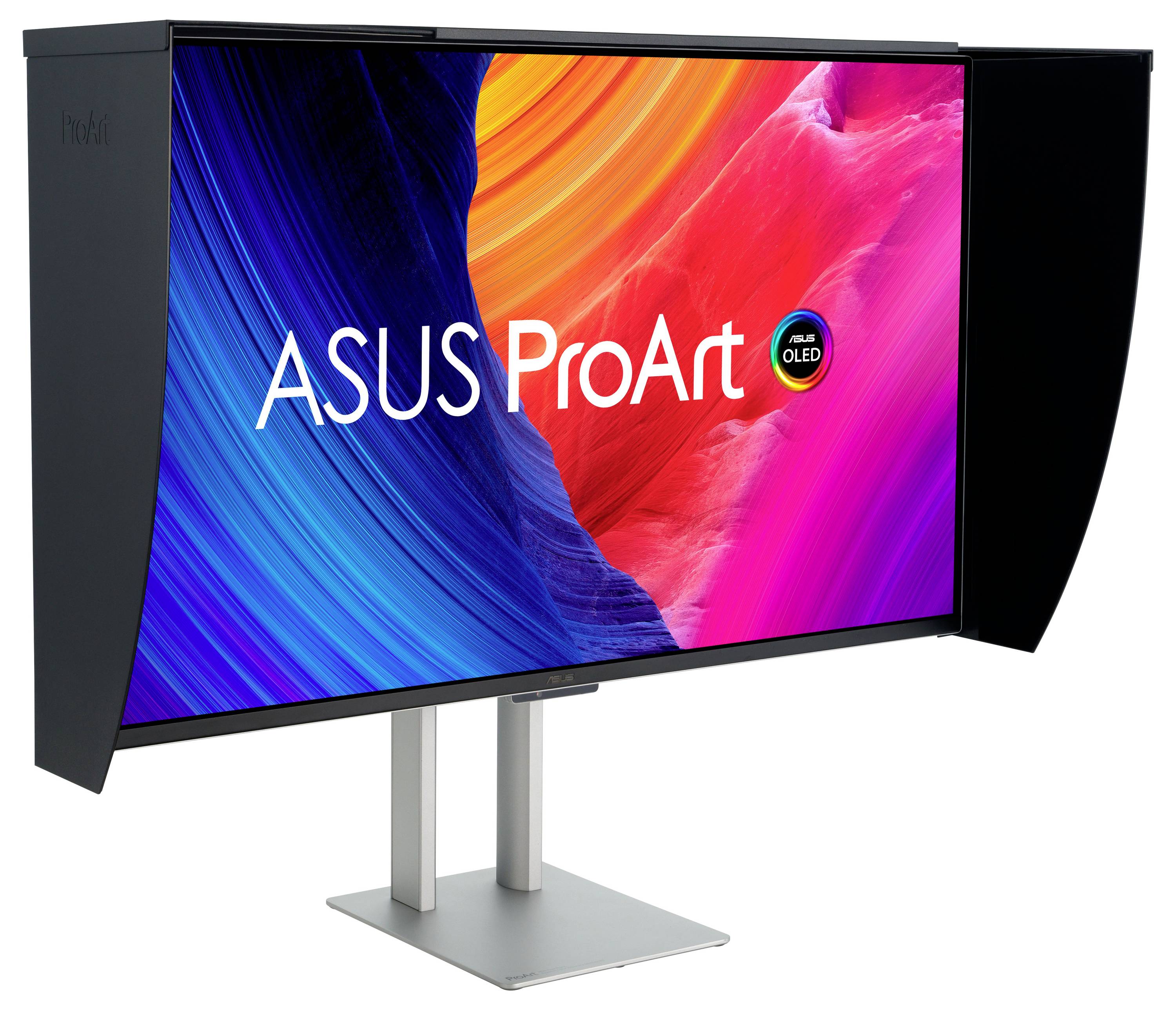 Monitor 'ASUS ProArt' wyświetlany z kolorowym ekranem i bocznych panelami, podkreślając jego zdolność do zastosowania kreatywnego i profesjonalnego.