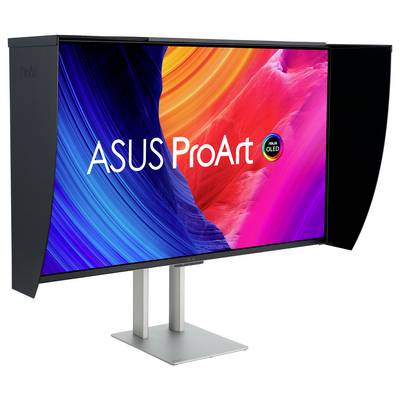 Monitor 'ASUS ProArt' wyświetlany z kolorowym ekranem i bocznych panelami, podkreślając jego zdolność do zastosowania kreatywnego i profesjonalnego.