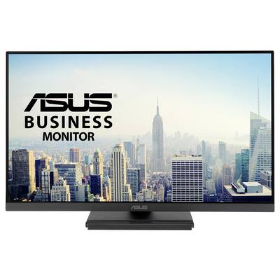 Monitor biznesowy ASUS z panoramą skyline Nowego Jorku w tle, z widokiem na wieżowce i błękitnym niebem.