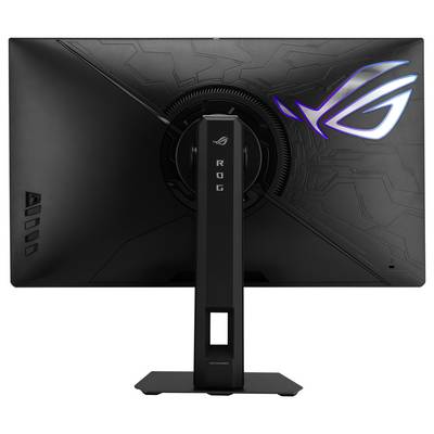 Czarny monitor ASUS wyświetlający kolorowe abstrakcyjne tło z logo ASUS pośrodku.