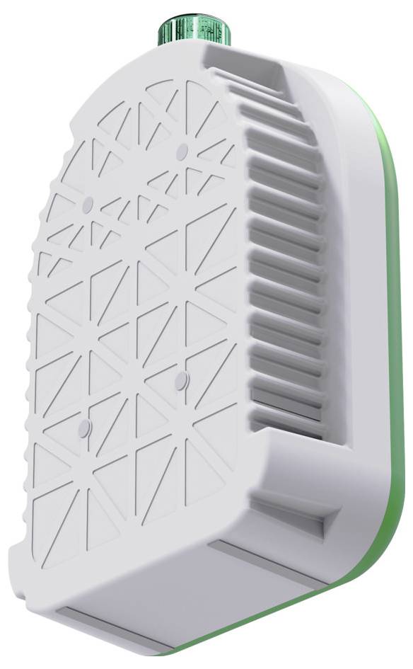 Urządzenie elektroniczne z geometrycznym wzorem na przodzie, przypominające router, wyposażone w strukturyzowany panel boczny i małą zieloną pokrętłem na górze.