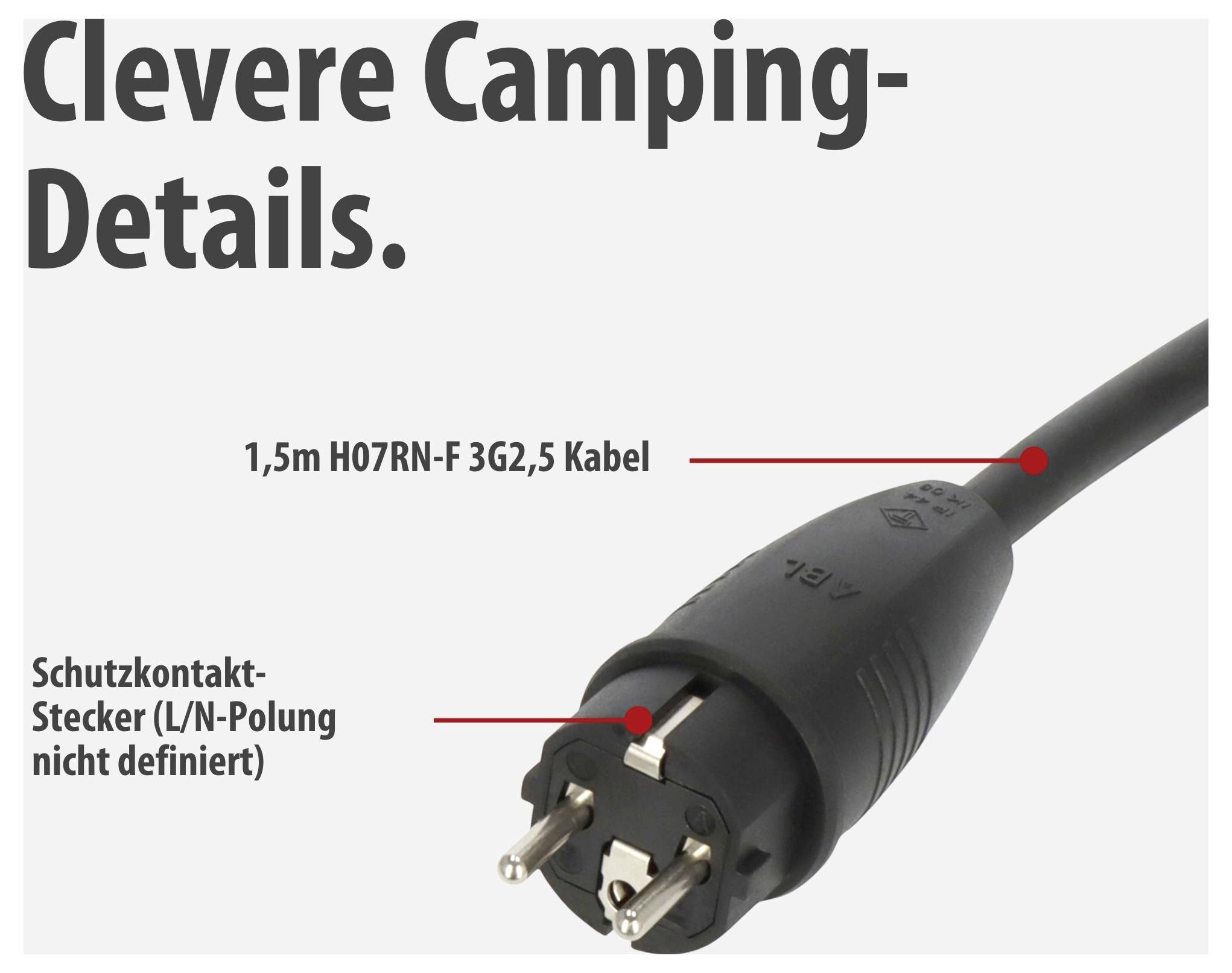 Grafika produktu kabla camping-prądowego ze wtyczką Schuko: zaznaczone są „kabel 1,5m H07RN-F 3G2,5" i „wtyczka ochronna (polaryzacja L/N nie określona)".