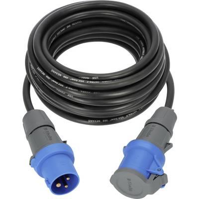 Zwinięty czarny kabel zasilający z niebieskimi i szarymi złączami przemysłowymi na obu końcach, pokazany na białym tle.
