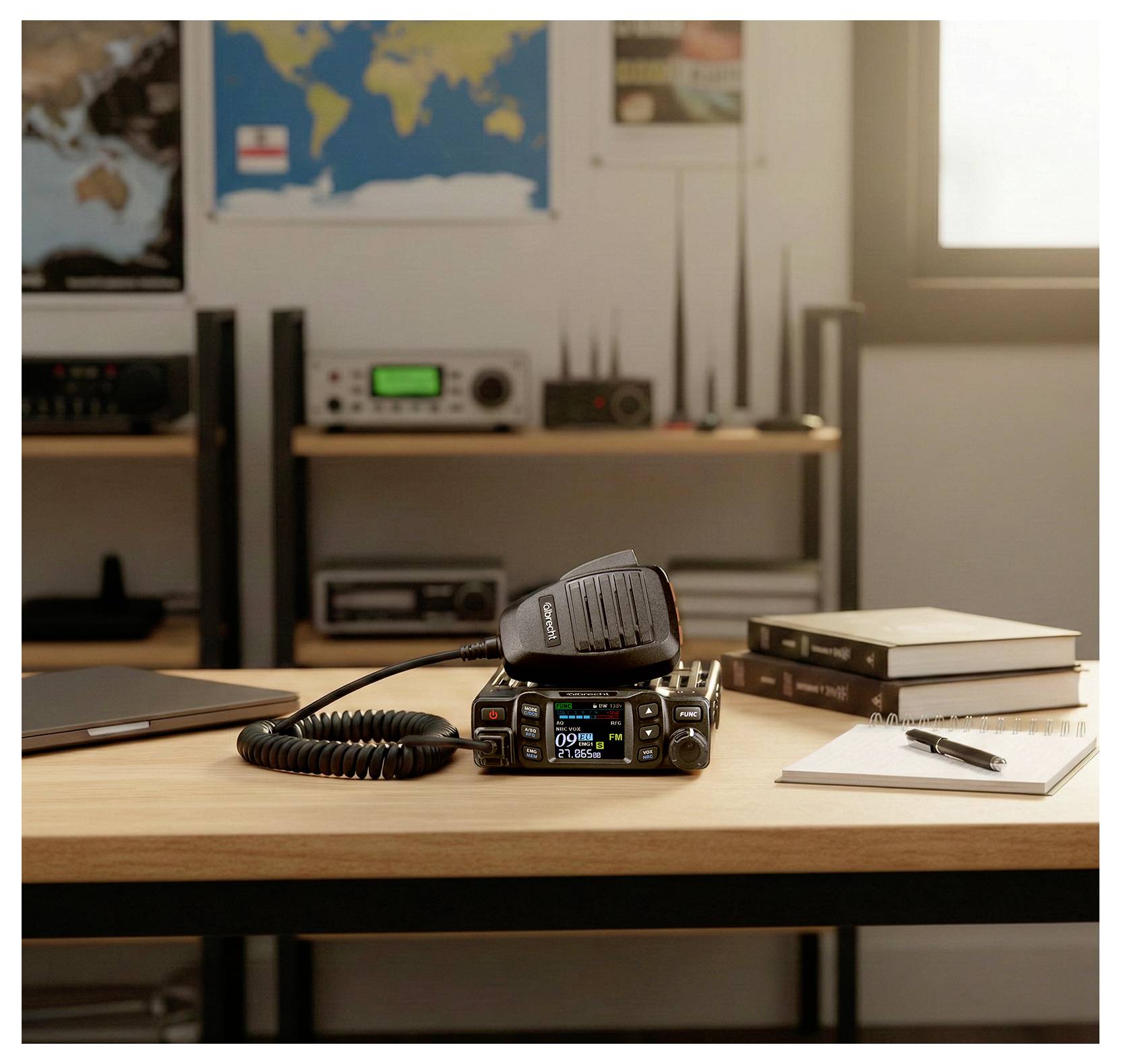 Amateur radio transceiver z mikrofonem i spiralnym kablem na biurku obok laptopa, notatnika i książek w domowym biurze.