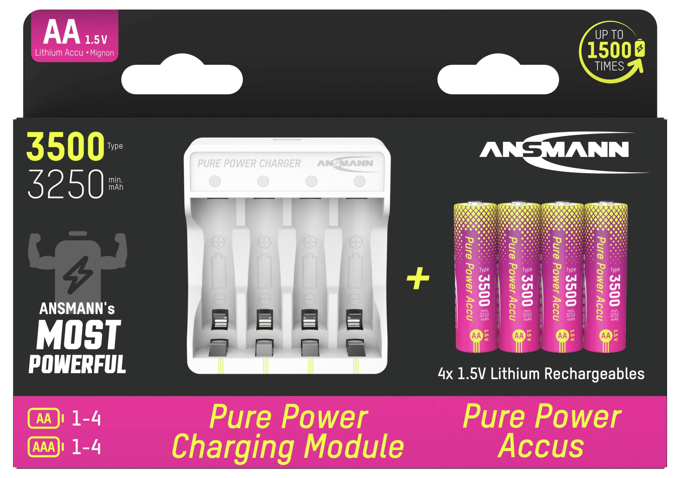 Akumulator AA/R06 Ansmann Pure Power Set 4× Mignon AA Akkus und Lademodul 1001-0183, NiMH, 3250 mAh, 1.5 V, 1 szt.-2
