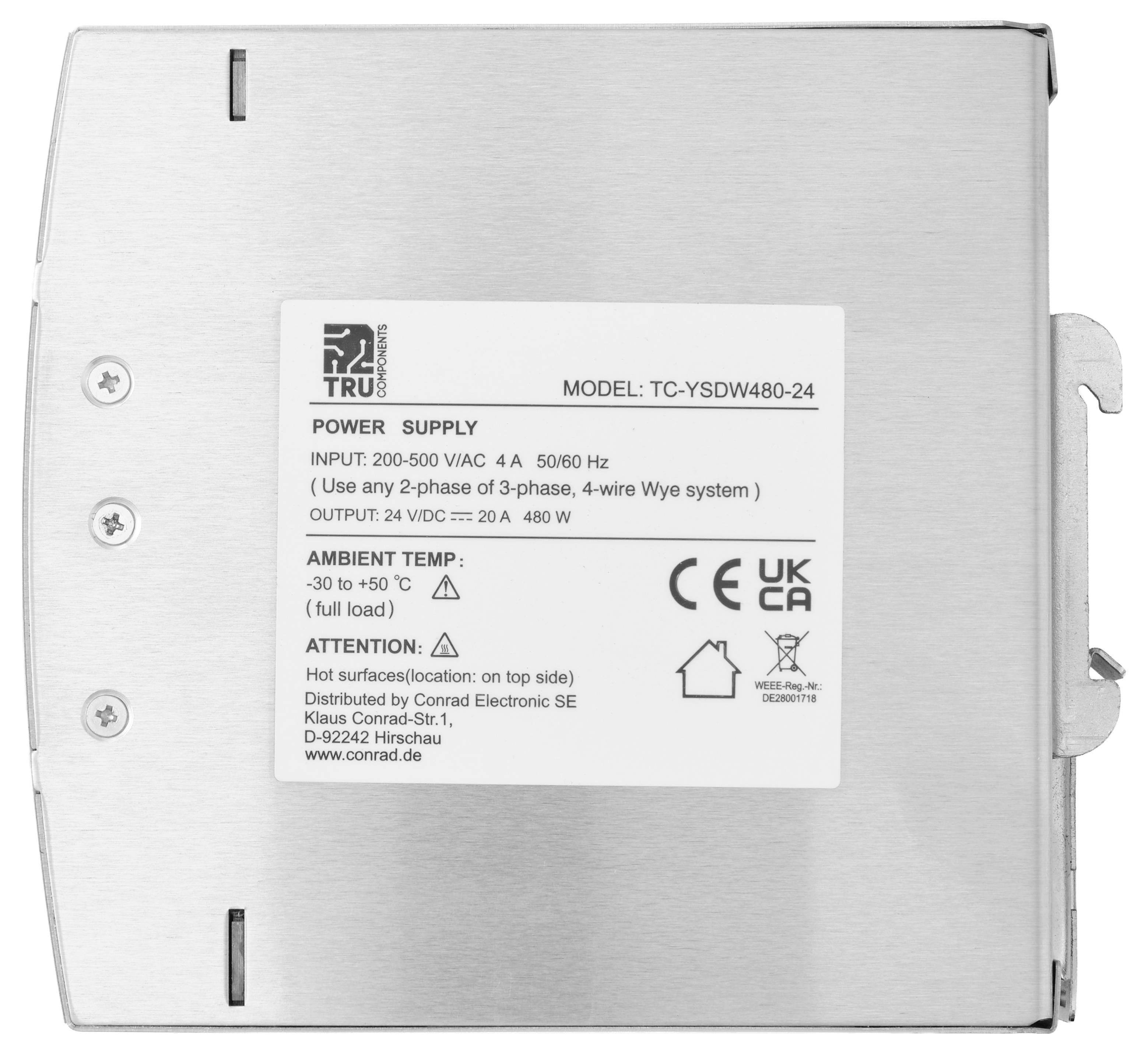 Metalowa jednostka zasilającza z etykietą pokazującą model TC-YSDW480-24, wyjście 24 VDC 20 A, 480 W i znaki bezpieczeństwa na obudowie ze szczotkowanego metalu.