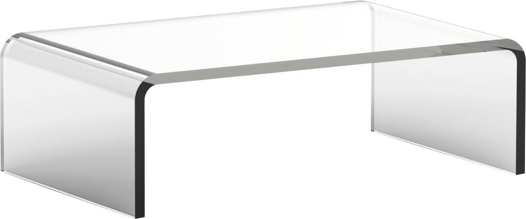 Przezroczysta szklana prostokątna ława kawowa z zaokrąglonymi krawędziami i transparentnymi nogami.