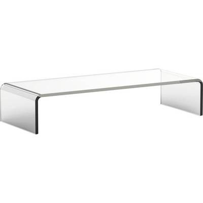 Elegancki, przezroczysty szklany stolik kawowy ze zaokrąglonymi krawędziami i minimalistycznym designem na białym tle.