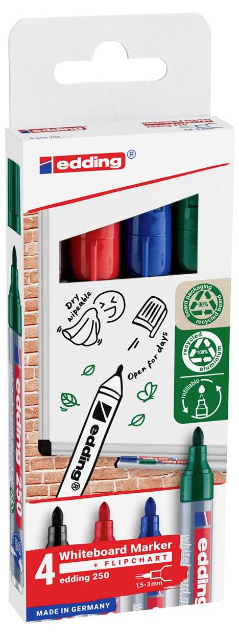 Набір маркерів для білої дошки Edding 4-250-4-2, синій, зелений, червоний, чорний, 4 шт.