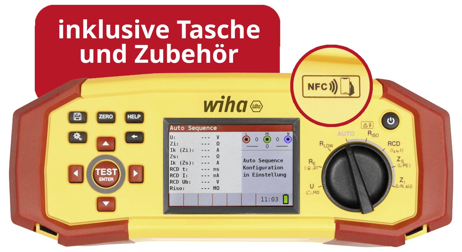 Tester izolacji z wyświetlaczem i przełącznikiem obrotowym; podkreślenie „w tym torba i akcesoria" oraz wyróżniony symbol NFC.
