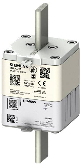 „Przełącznik rozłącznik bezpiecznikowy Siemens 3NA COM 160A 400V a.c." z kodem QR i specyfikacją techniczną pokazaną na etykiecie.
