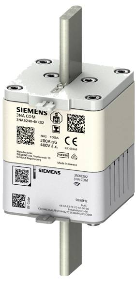 Zbliżone zdjęcie bezpiecznika Siemens 3NA COM o mocy znamionowej 200A, 400V AC, z srebrno-białym wzornictwem, widocznymi szczegółami technicznymi i etykietami.