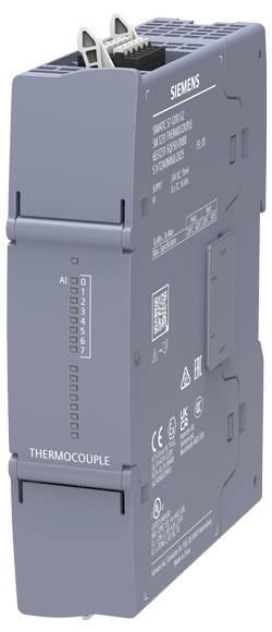 Szary moduł termoelementu Siemens z etykietą „6ES7 134-6GD01-0BA1" na boku, wyposażony w porty połączeniowe i szczegółowe specyfikacje.