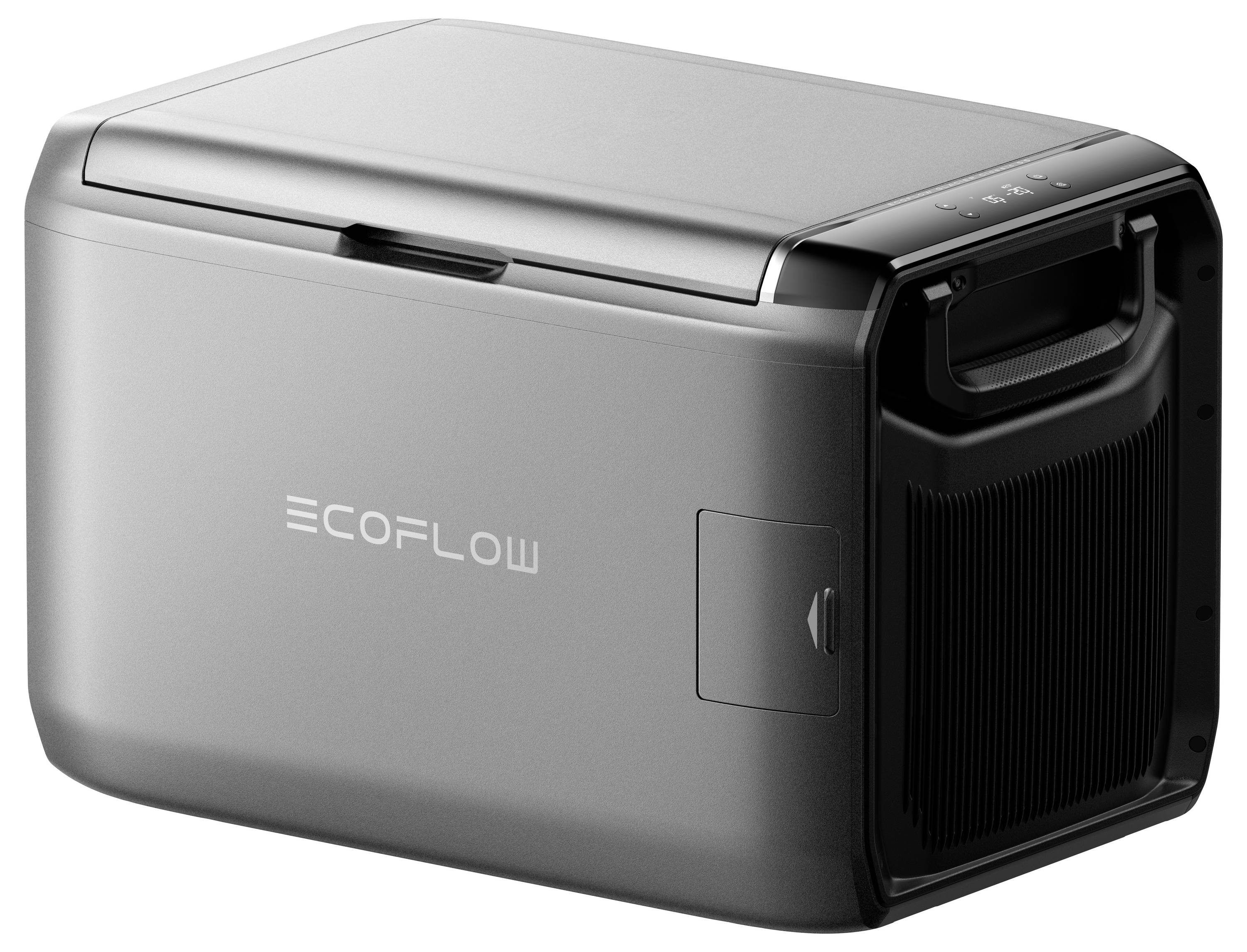 Przenośna metalowa lodówka ze znakiem marki 'EcoFlow' na boku, wyposażona w solidny uchwyt i elegancki design odpowiedni do użytku na świeżym powietrzu.