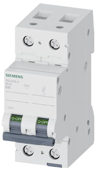 Wyłącznik automatyczny dwubiegunowy oznaczony 'SIEMENS SSL45 16-6 MCB B16' z przełącznikiem włącznik/wyłącznik, zaprojektowany do zastosowań w bezpieczeństwie elektrycznym w użytkowaniu mieszkaniowym lub komercyjnym.